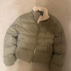 Olive Green Puffer Jacket with Cream Lining